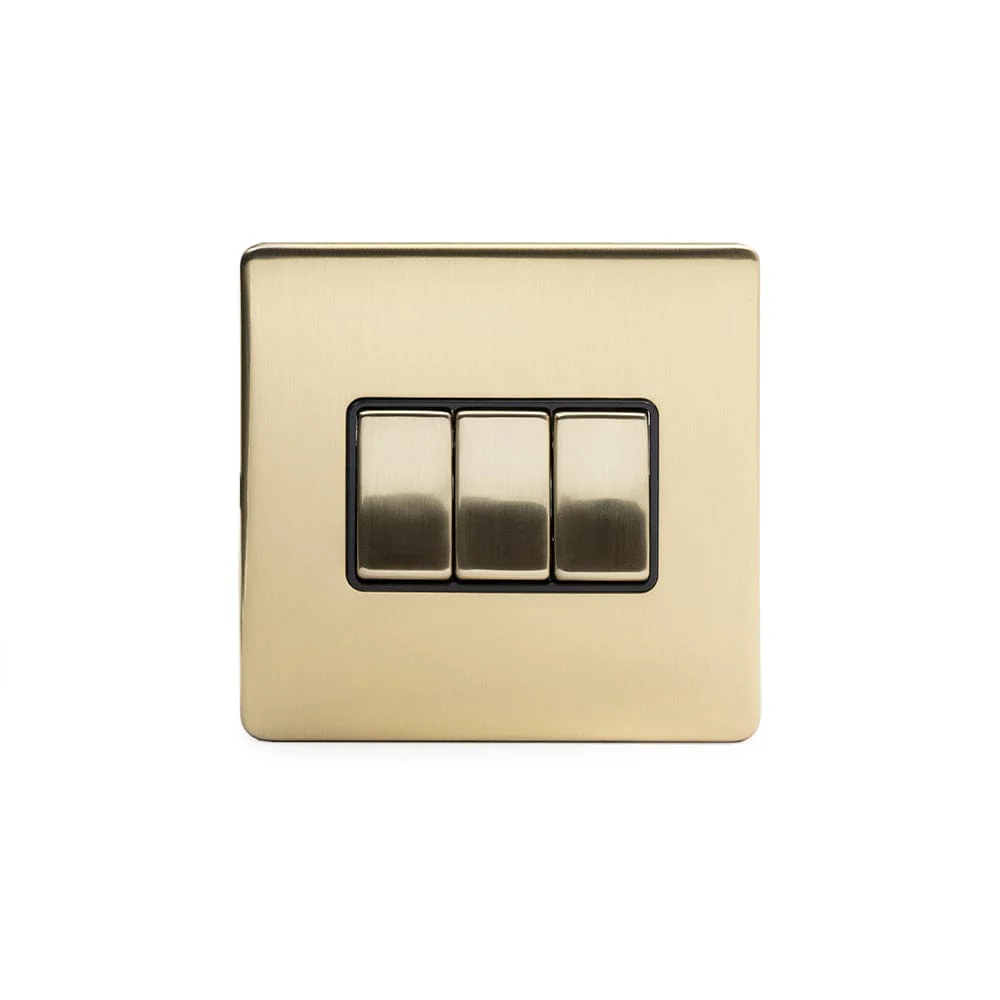 Screwless Brushed Brass 10A 3 Gang 2 Way Light Switch - Black