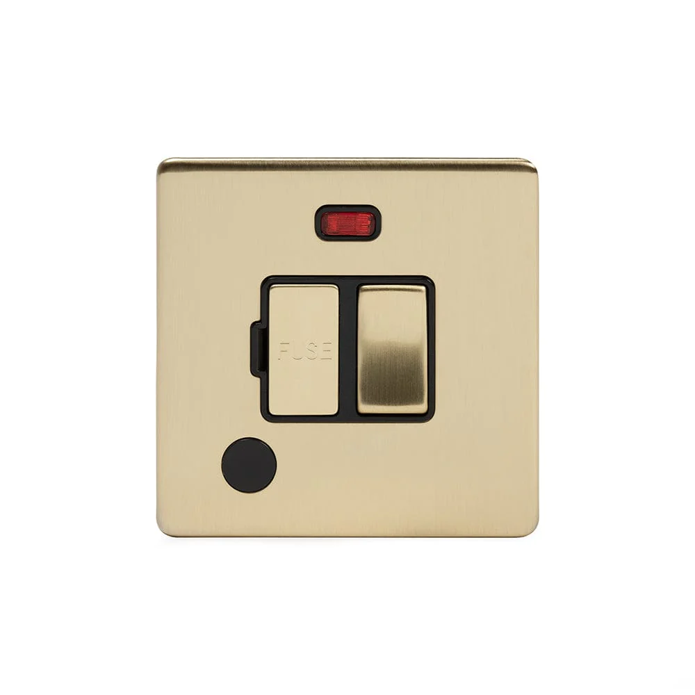 Screwless Brushed Brass 13A Switched Fuse Connection Unit Flex Outlet With Neon - Black