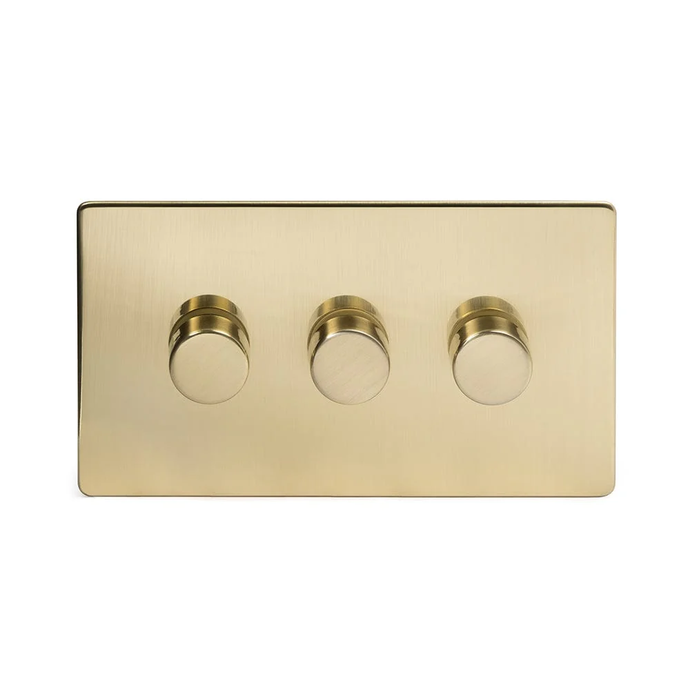 Screwless Brushed Brass 3 Gang 2 Way Intelligent Trailing Dimmer Light Switch