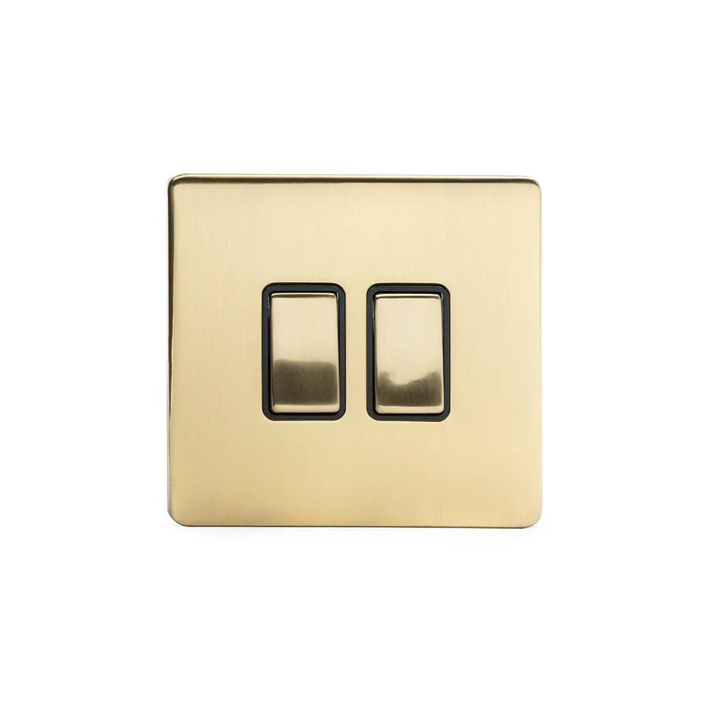 Screwless Brushed Brass 2 Gang Retractive Light Switch  - Black