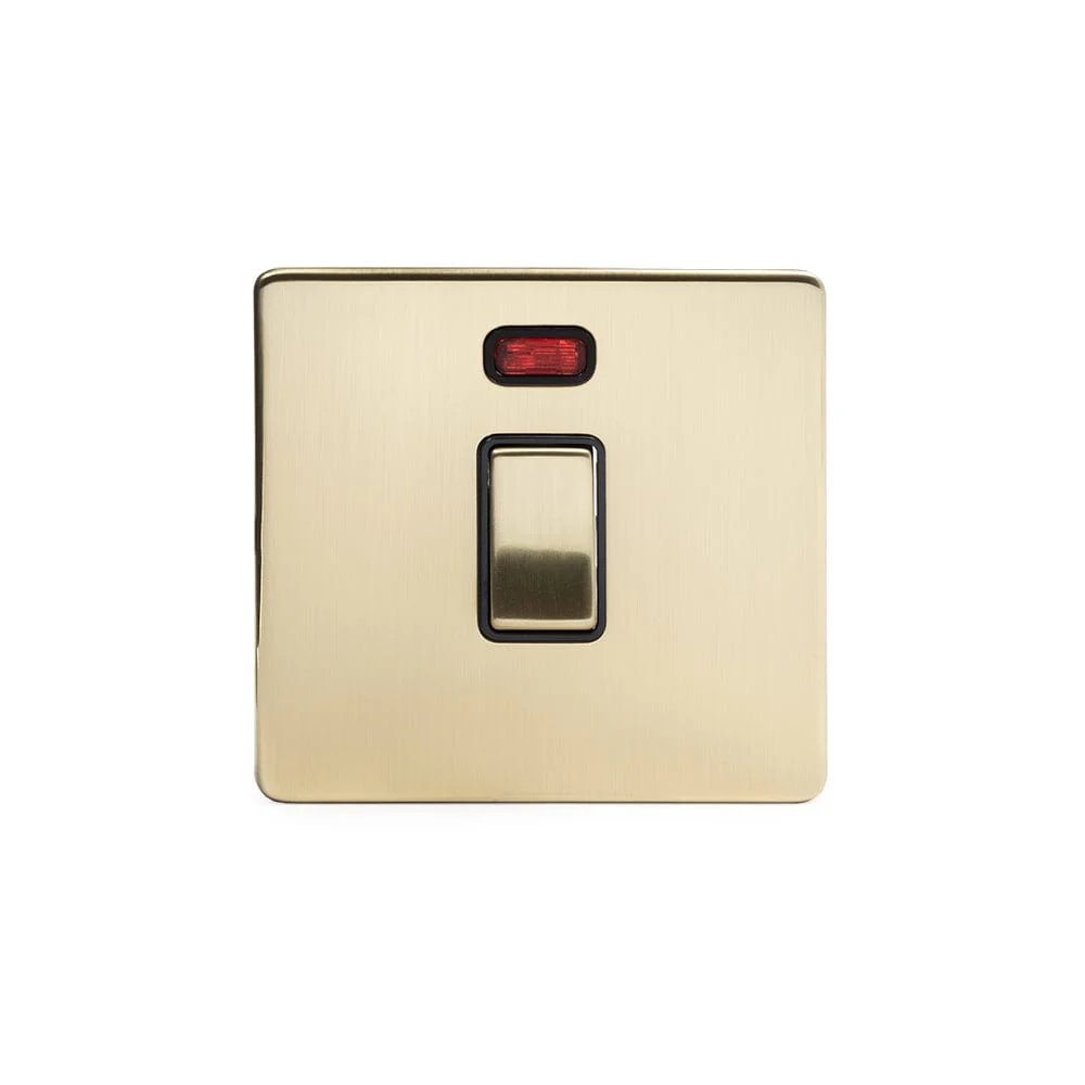 Screwless Brushed Brass 1 Gang 20 Amp Switch With Neon - Black