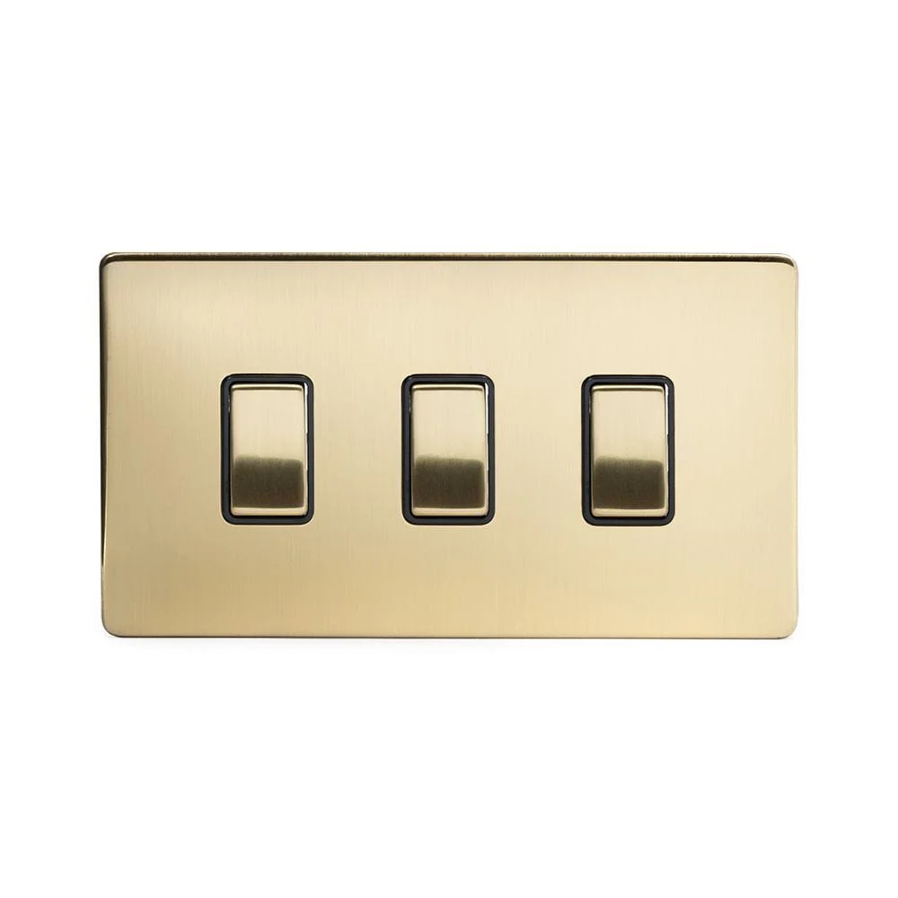 Screwless Brushed Brass 3 Gang Light Switch With 1 Intermediate (2 x 2 Way Switch with 1 Intermediate) - Black