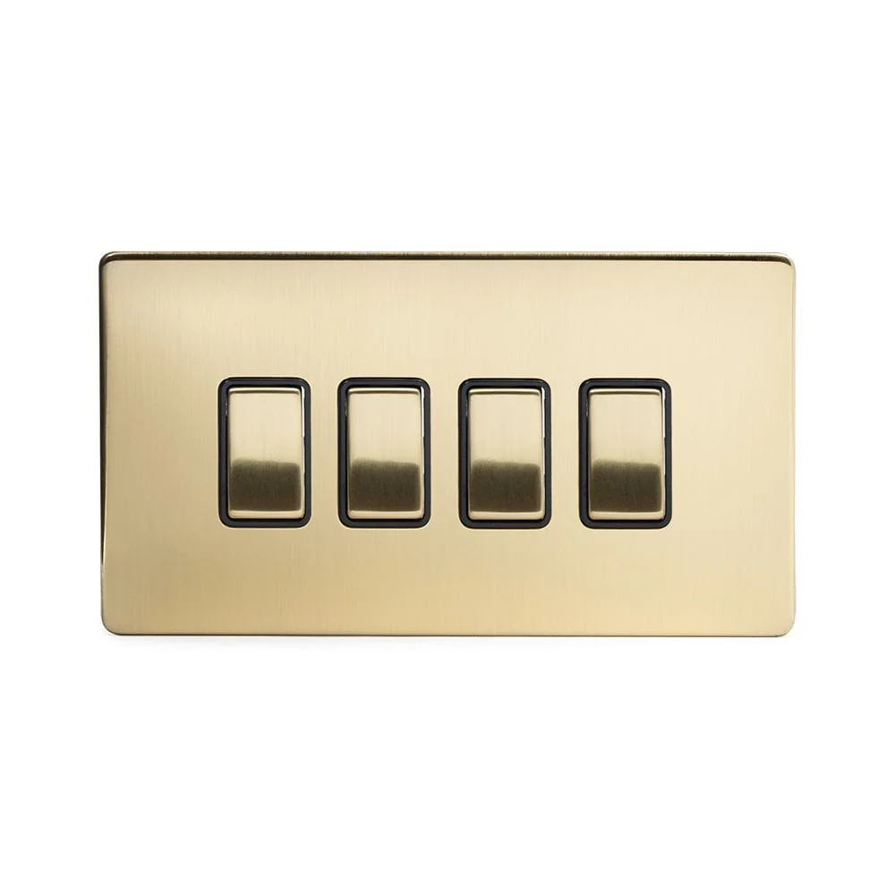 Screwless Brushed Brass 4 Gang Light Switch - 3 X 2 Way and 1 X Intermediate