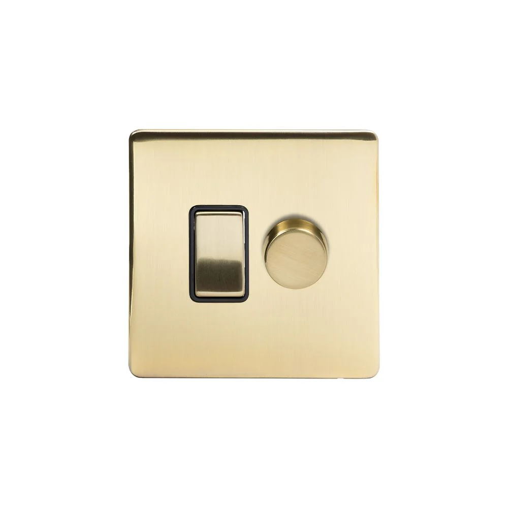 Screwless Brushed Brass Gang Light Switch With 1 dimmer (1 x 2 Way Switch & 400w Trailing Dimmer) - Black