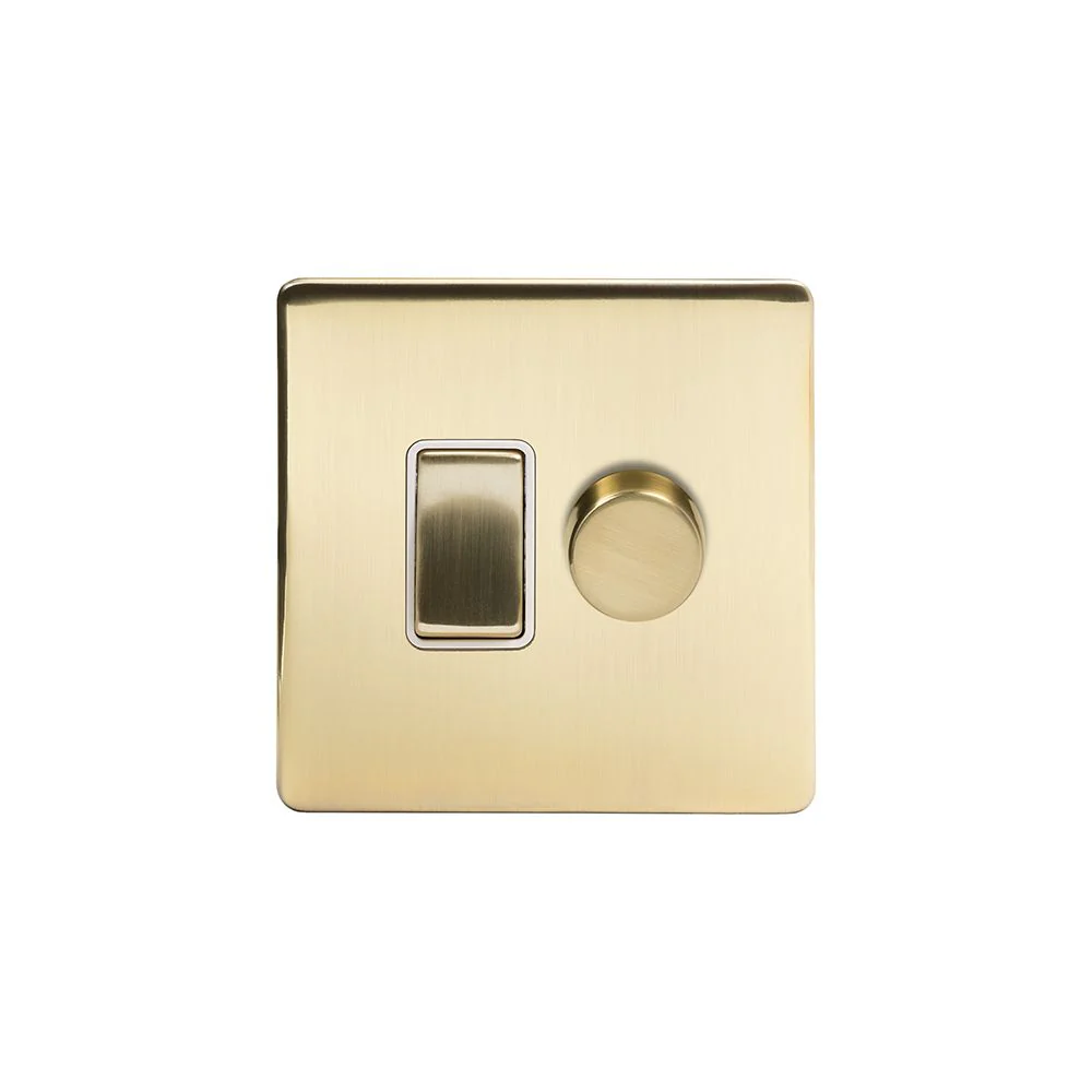Screwless Brushed Brass Dimmer and Light Switch Combo (2 Way Switch - 400w Trailing Dimmer)