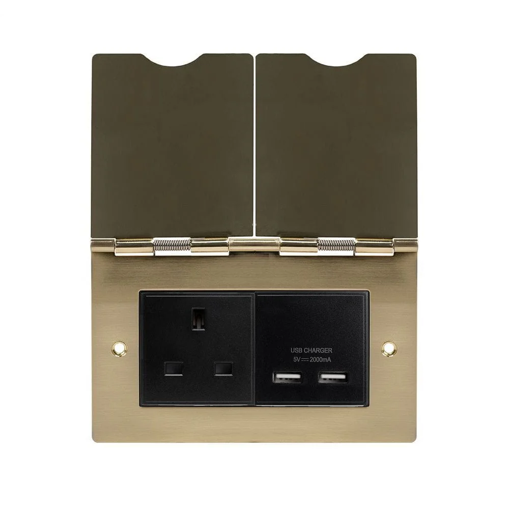 Screwless Brushed Brass Double Floor Outlet 13Amp Socket & USB Charger