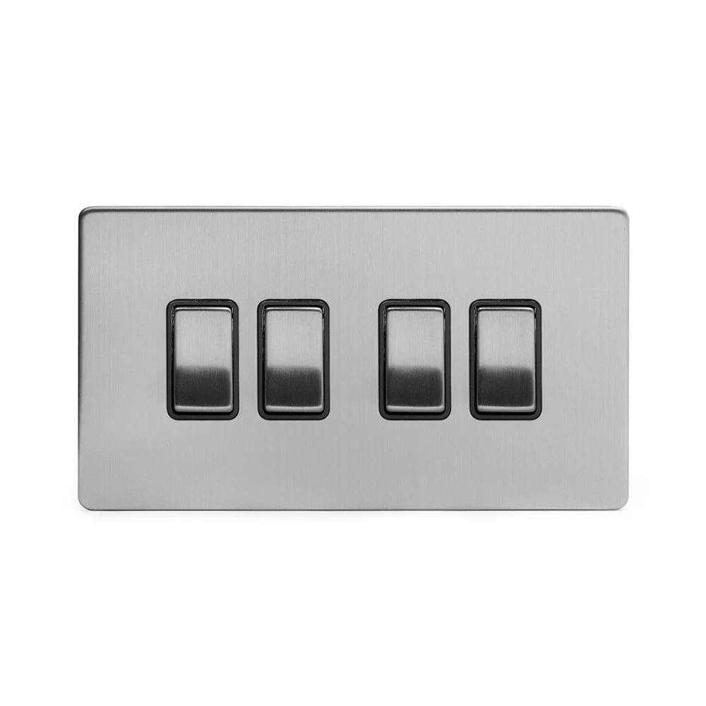 Screwless Brushed Chrome 10A 4 Gang 2 Way Light Switch