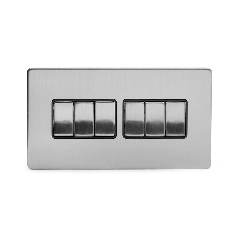 Screwless Brushed Chrome 10A 6 Gang 2 Way Light Switch