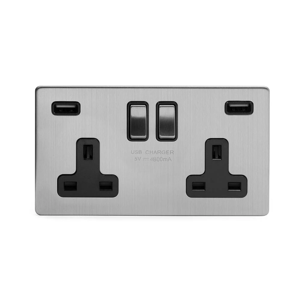 Screwless Brushed Chrome 13A 2 Gang DP Fast Charge 4.8amp USB Plug Socket