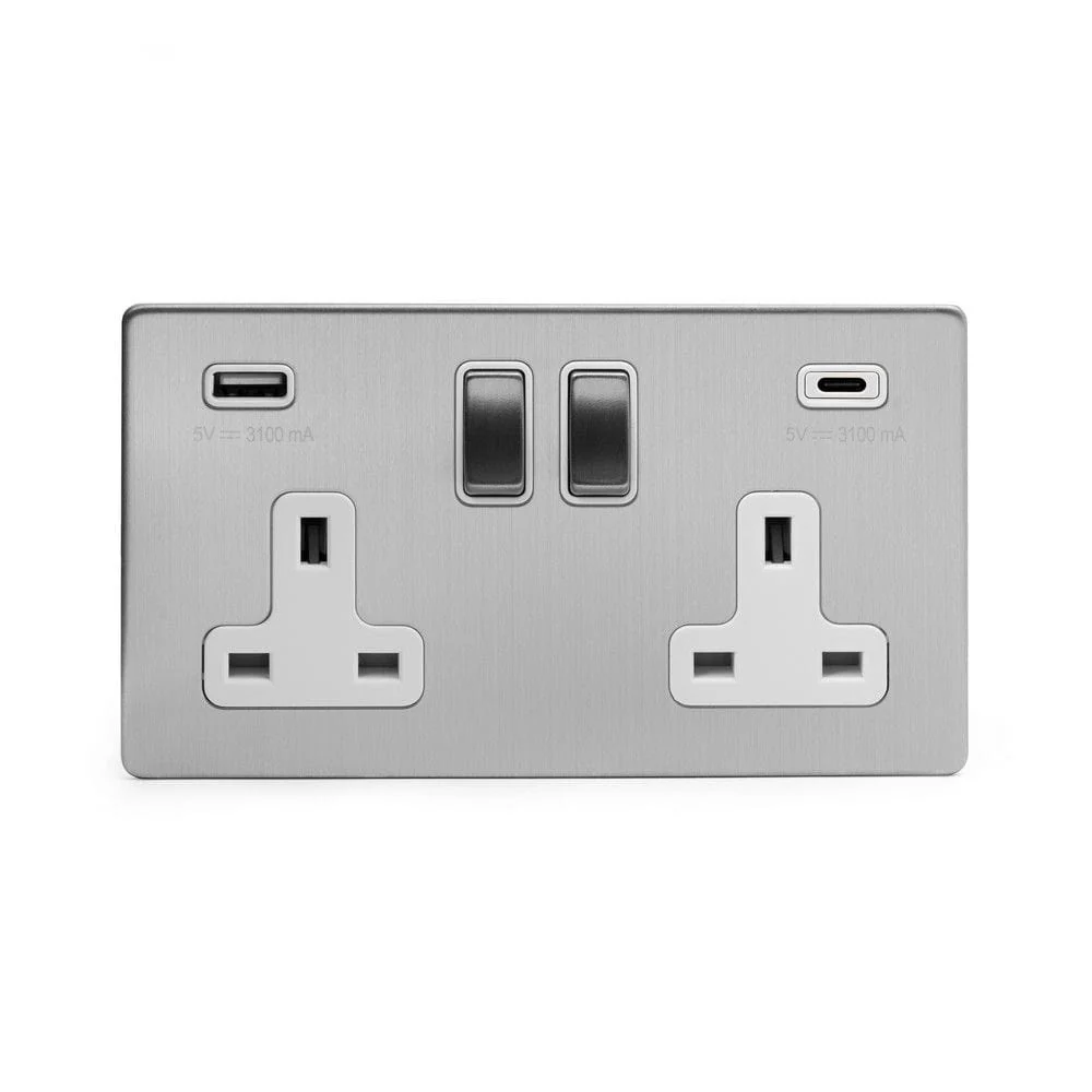 Screwless Brushed Chrome 2 Gang (13A Socket + 2 USB Ports A+C 3.1A) USB A+C Plug Socket