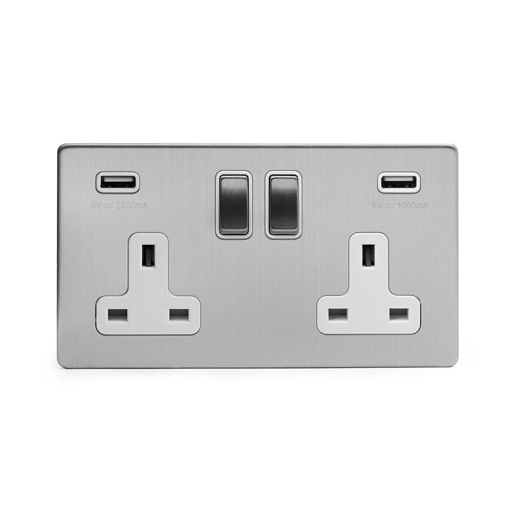 Screwless Brushed Chrome 2 Gang Double 3.1 Amp USB Plug Socket