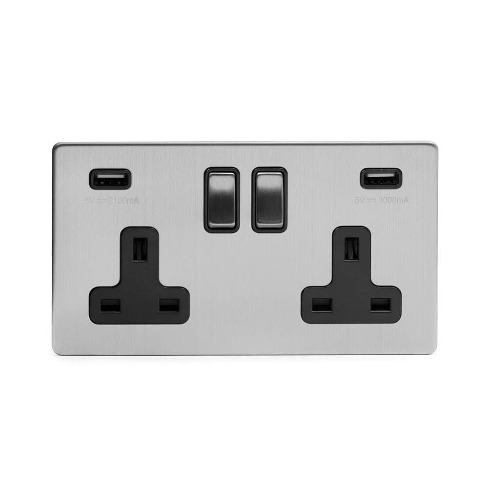 Screwless Brushed Chrome 2 Gang Double 3.1 Amp USB Plug Socket