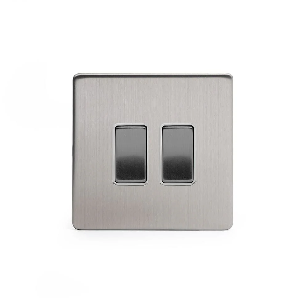 Screwless Brushed Chrome 2 Gang Intermediate & 2 Way Light Switch