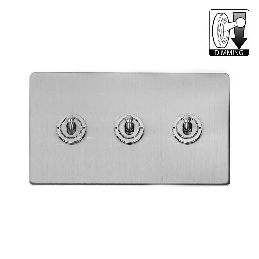Screwless Brushed Chrome 3 Gang Dimming Toggle Light Switch