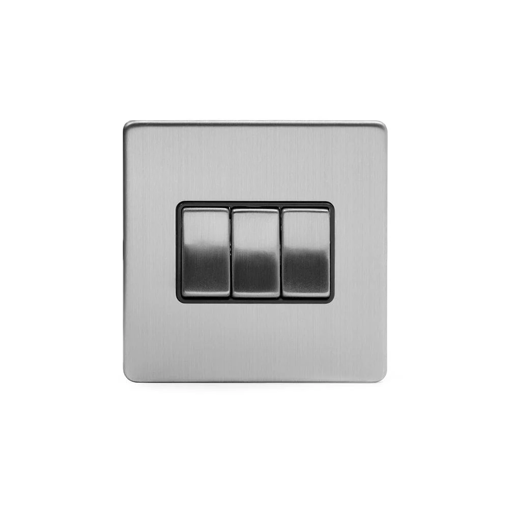 Screwless Brushed Chrome 3 Gang Intermediate Light Switch