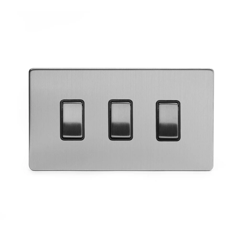 Screwless Brushed Chrome 3 Gang Switch Double Plate