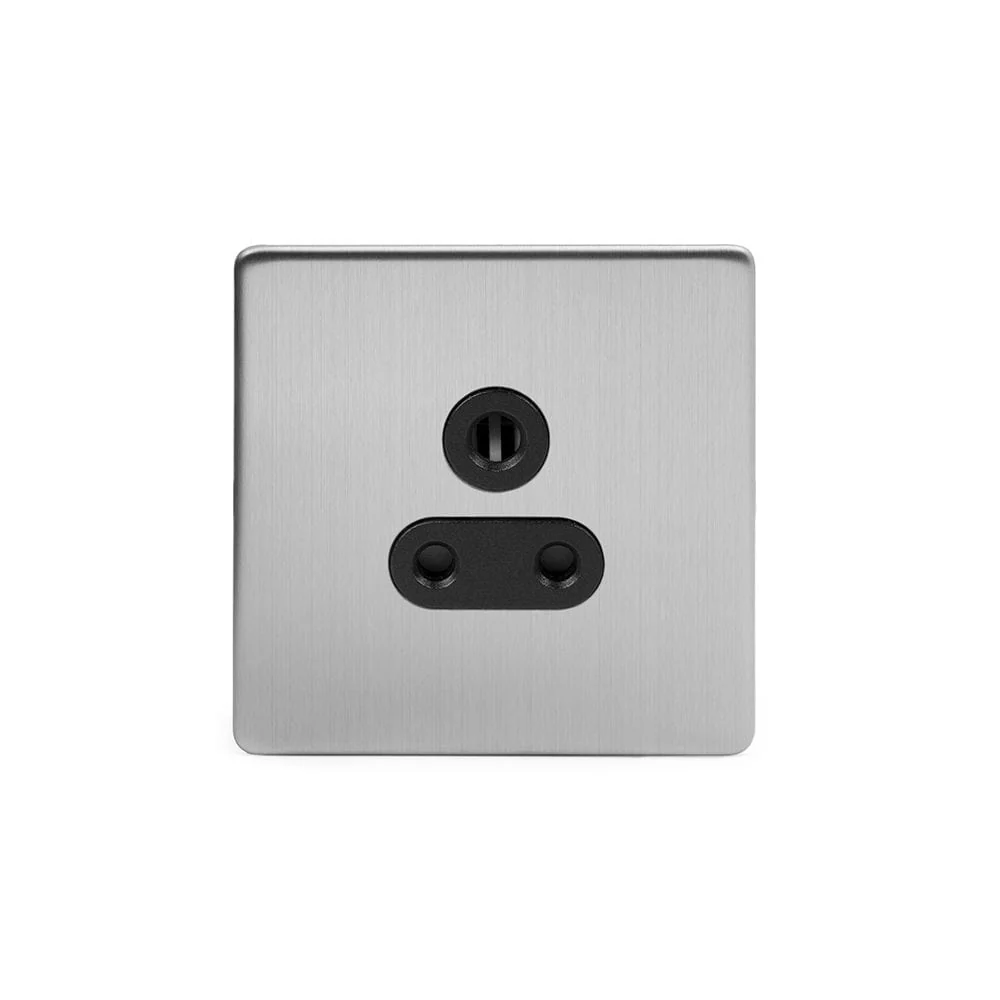 Screwless Brushed Chrome 5 Amp Plug Socket Black Trim Unswitched