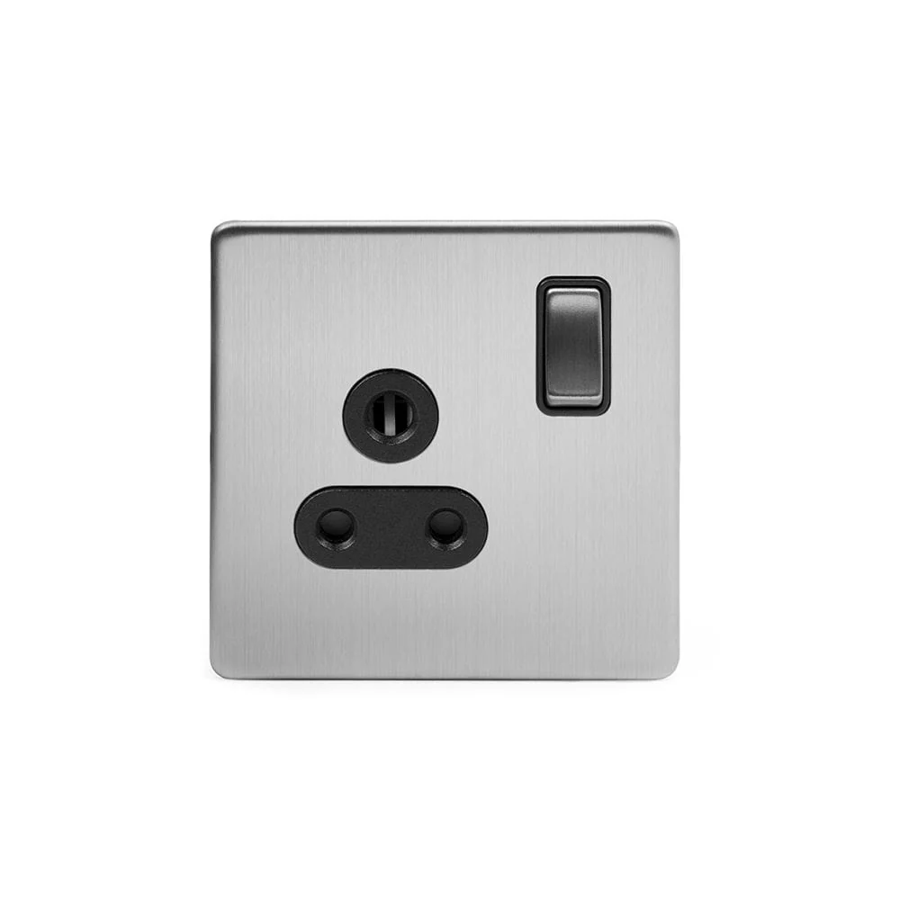 Screwless Brushed Chrome 5 Amp Plug Socket with Switch Black Trim