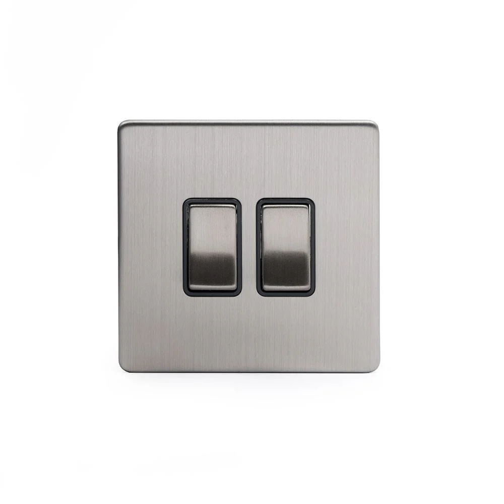 Screwless Brushed Chrome 2 Gang Retractive Light Switch