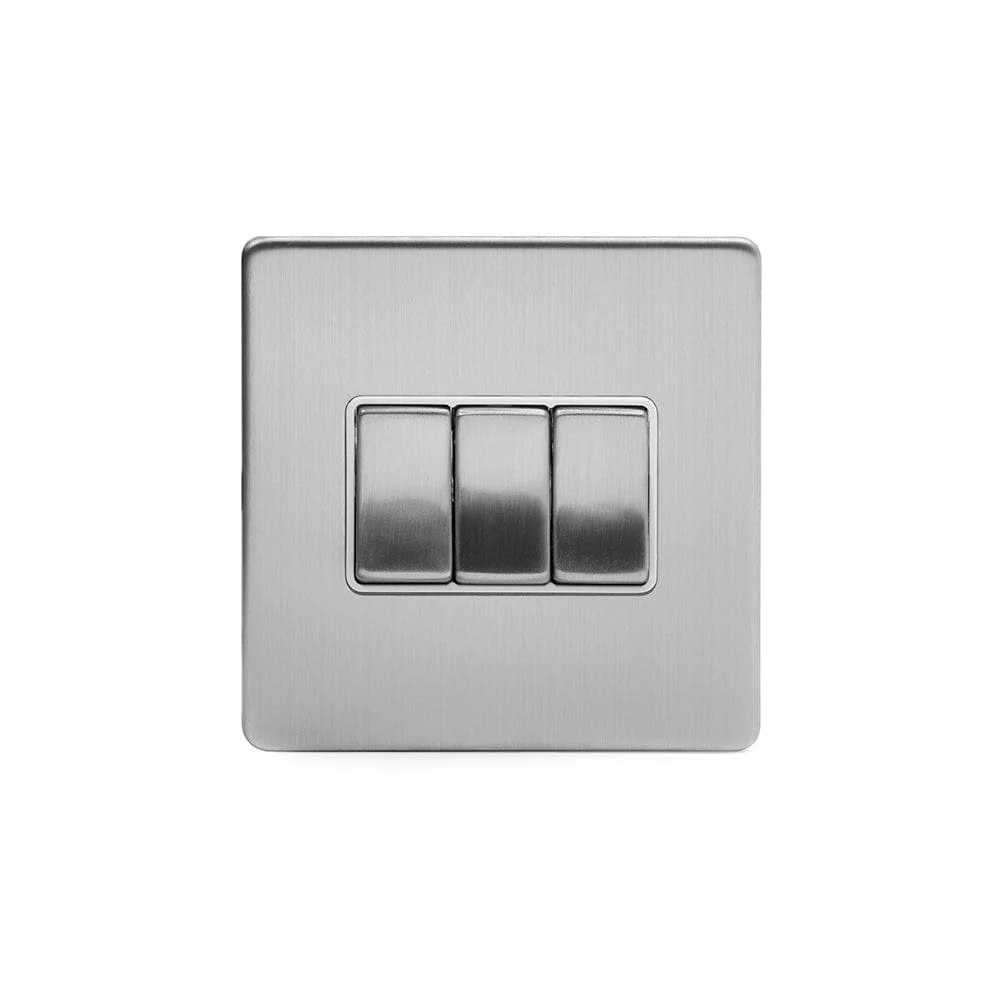Screwless Brushed Chrome 10A 3 Gang 2 Way Light Switch