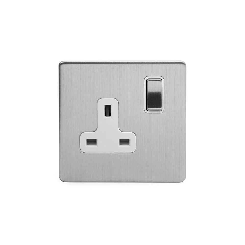 Screwless Brushed Chrome 13A 1 Gang Double Pole Plug Socket
