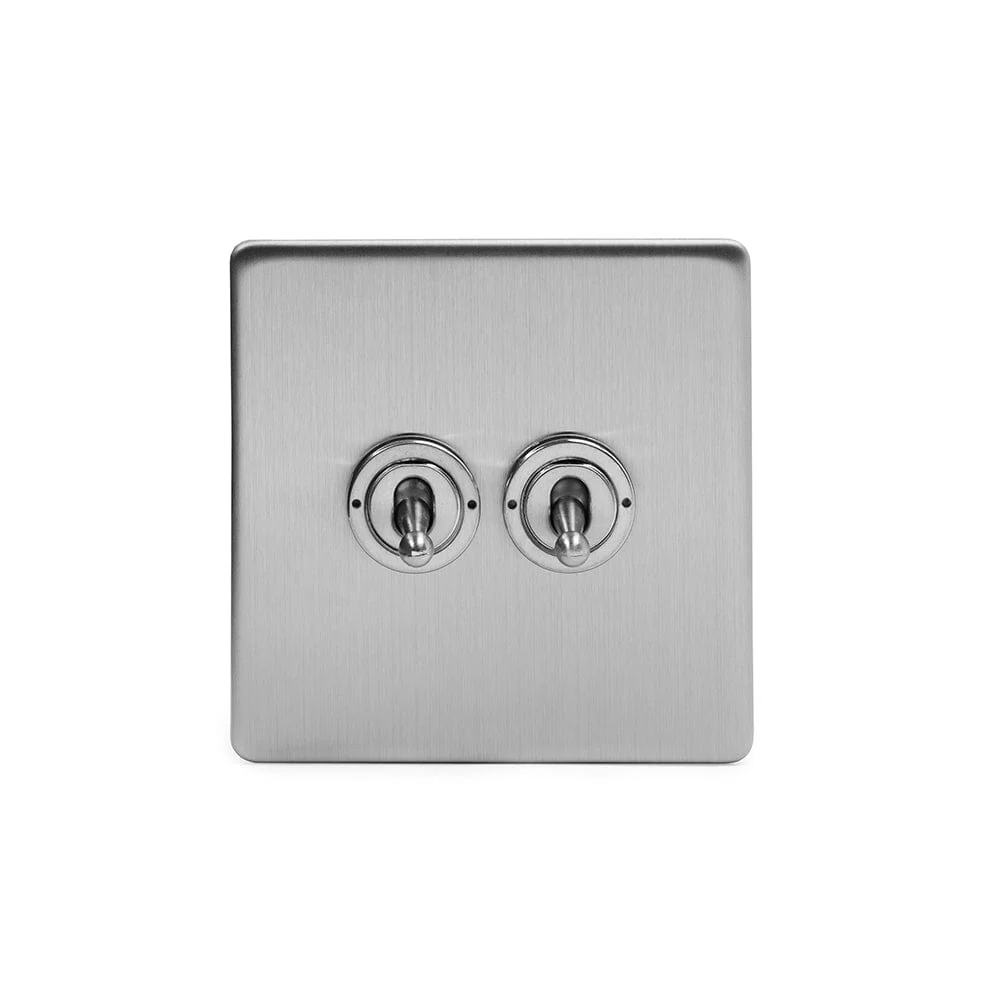 Screwless Brushed Chrome 2 Gang 2 Way Toggle Light Switch - White