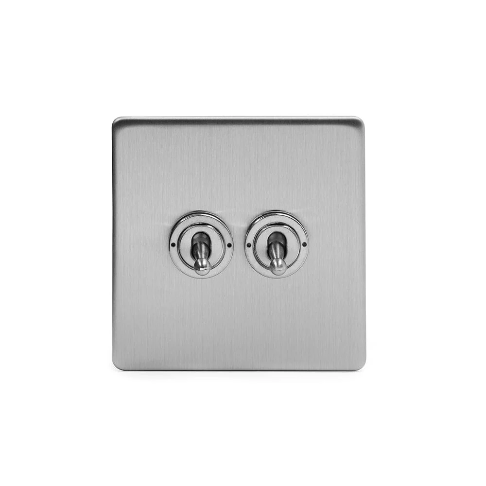 Screwless Brushed Chrome 2 Gang Intermediate Toggle Light Switch - White