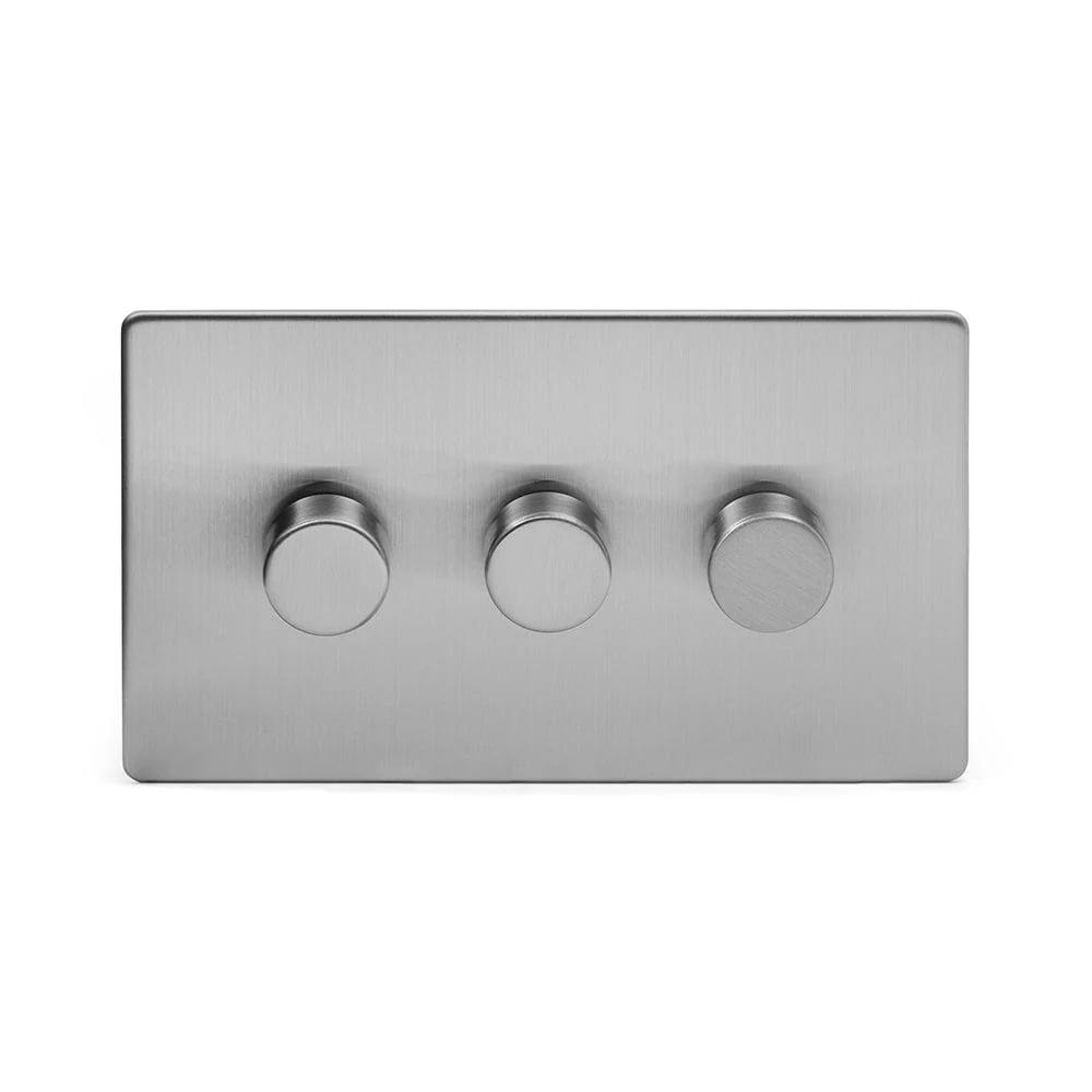 Screwless Brushed Chrome 3 Gang 2 Way Intelligent Trailing Dimmer Light Switch