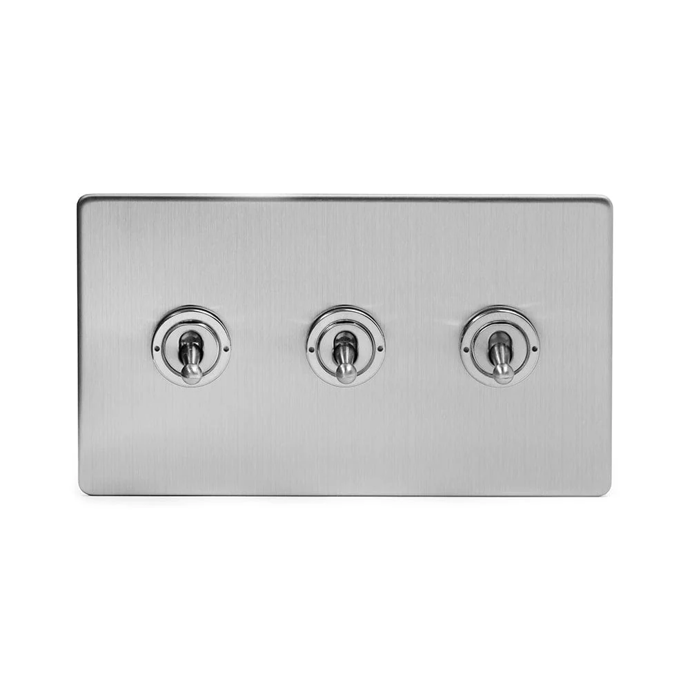 Screwless Brushed Chrome 3 Gang 2 Way Toggle Light Switch - White