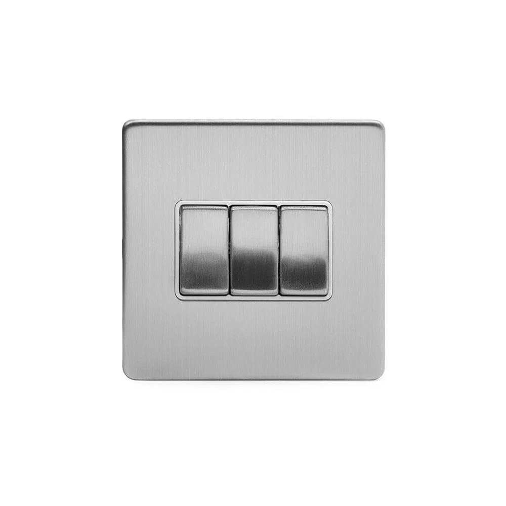 Screwless Brushed Chrome 3 Gang Intermediate Light Switch