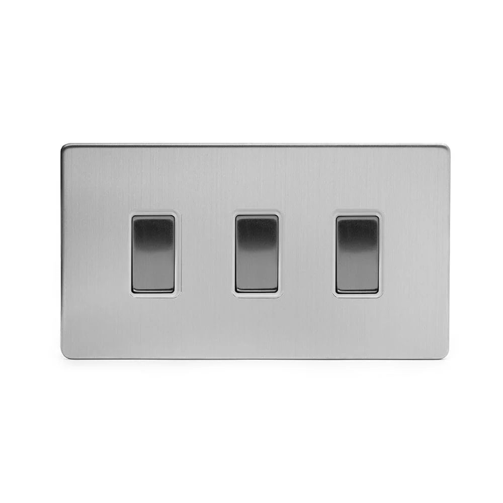 Screwless Brushed Chrome 3 Gang Light Switch Double Plate - White