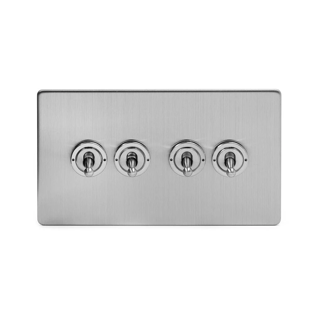 Screwless Brushed Chrome 4 Gang 20 Amp Intermediate Toggle Light Switch - White