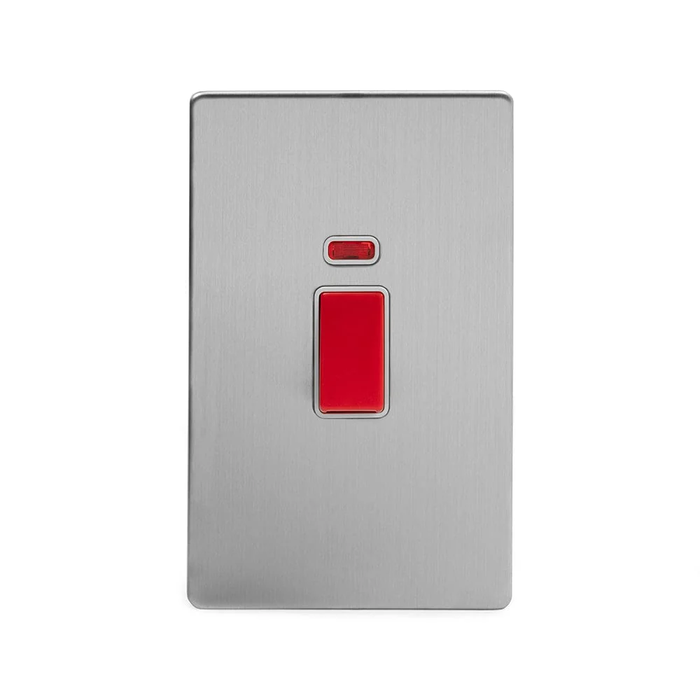Screwless Brushed Chrome 45A 1 Gang Double Pole Switch With Neon- Large Plate