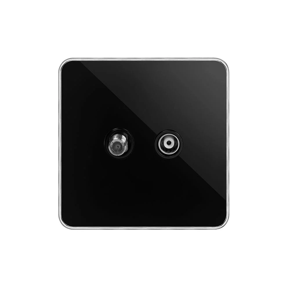 Screwless Fusion Black Nickel Plate with Chrome Edge TV+ Satellite Socket Black Trim