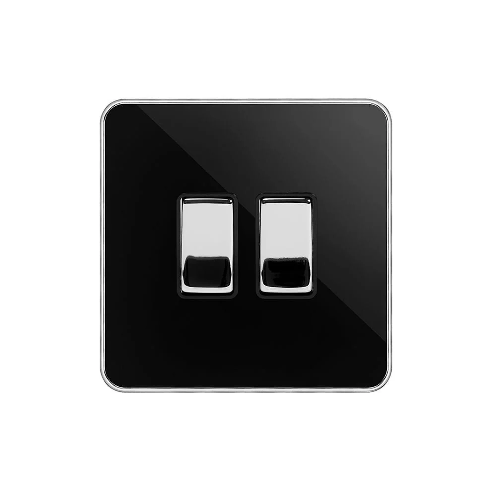 Screwless Fusion Black Nickel & Polished Chrome With Chrome Edge 10A 2 Gang 2 Way Light Switch Black Trim