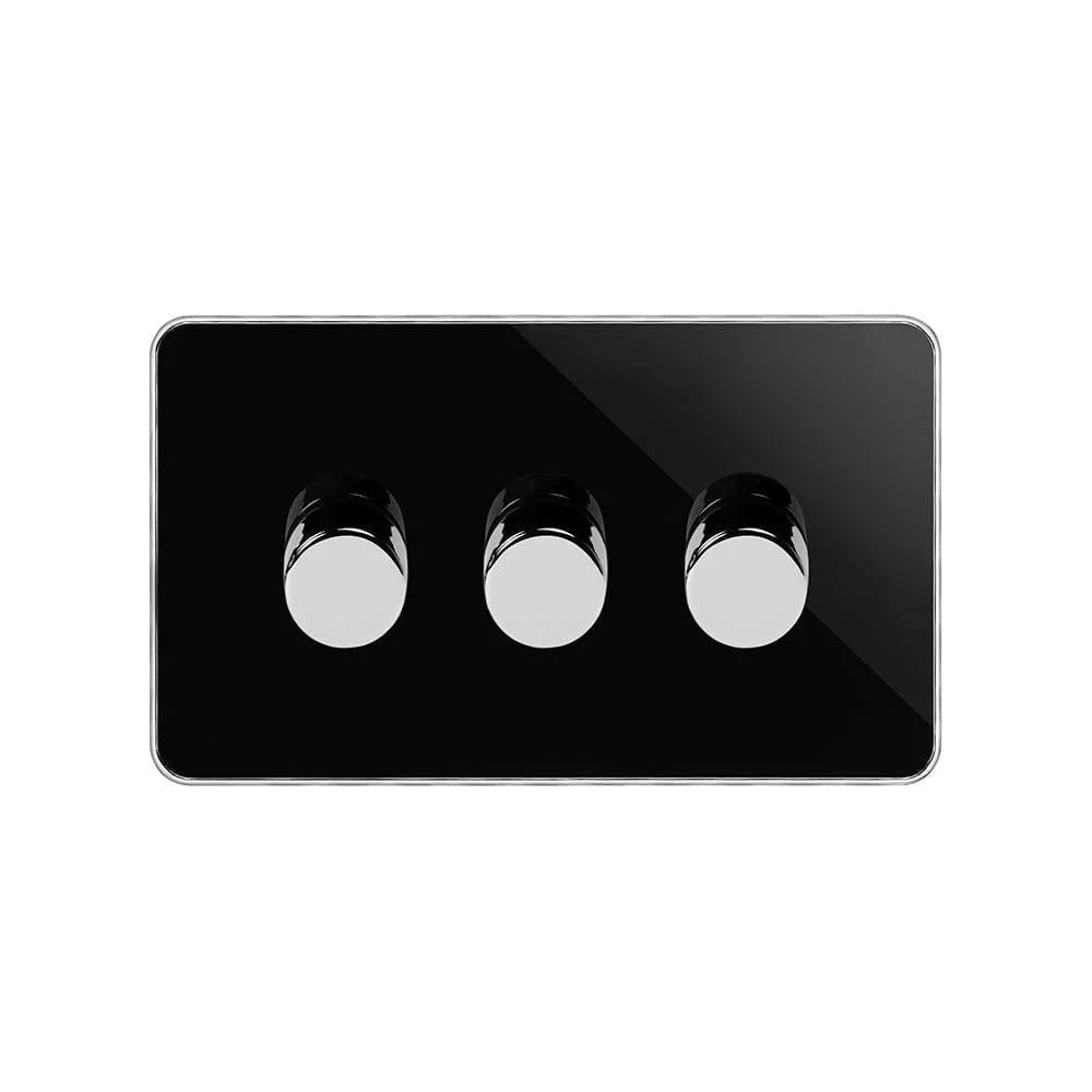 Screwless Fusion Black Nickel & Polished Chrome With Chrome Edge 250W 3 Gang 2 Way Trailing Dimmer Black Trim