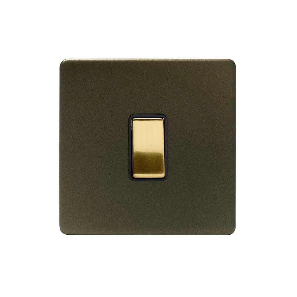 Screwless Fusion Bronze & Brushed Brass 10A 1 Gang 2 Way Light Switch Black Trim