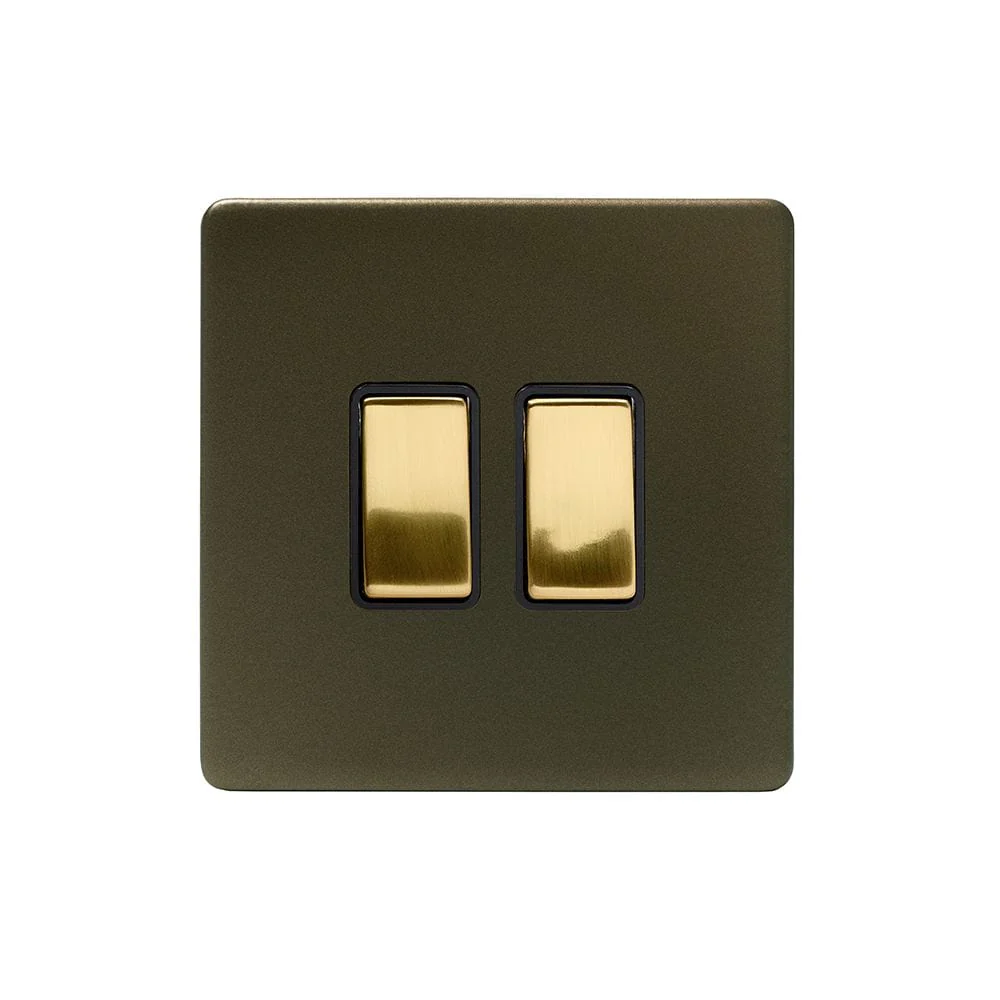 Screwless Fusion Bronze & Brushed Brass 10A 2 Gang 2 Way Light Switch Black Trim