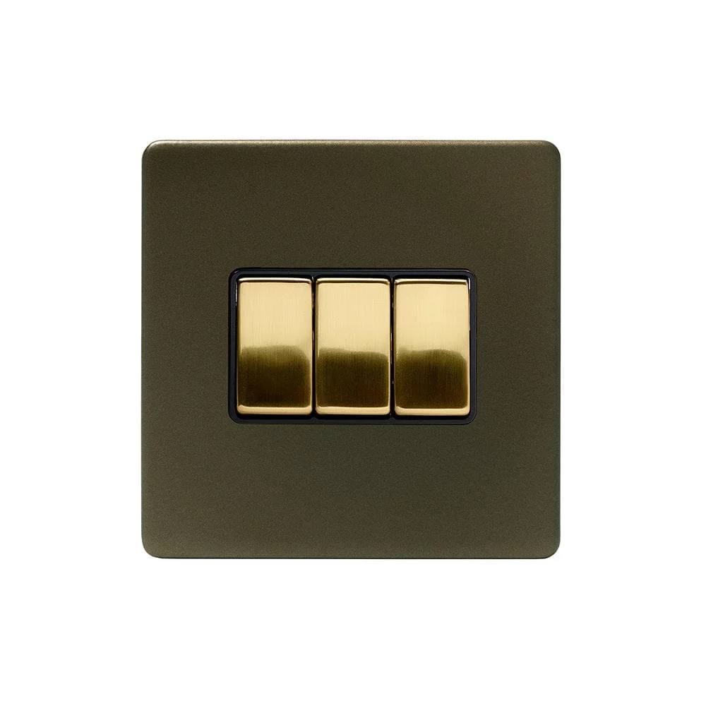 Screwless Fusion Bronze & Brushed Brass 10A 3 Gang 2 Way Light Switch Black Trim