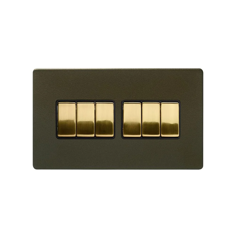Screwless Fusion Bronze & Brushed Brass 10A 6 Gang 2 Way Light Switch Black Trim