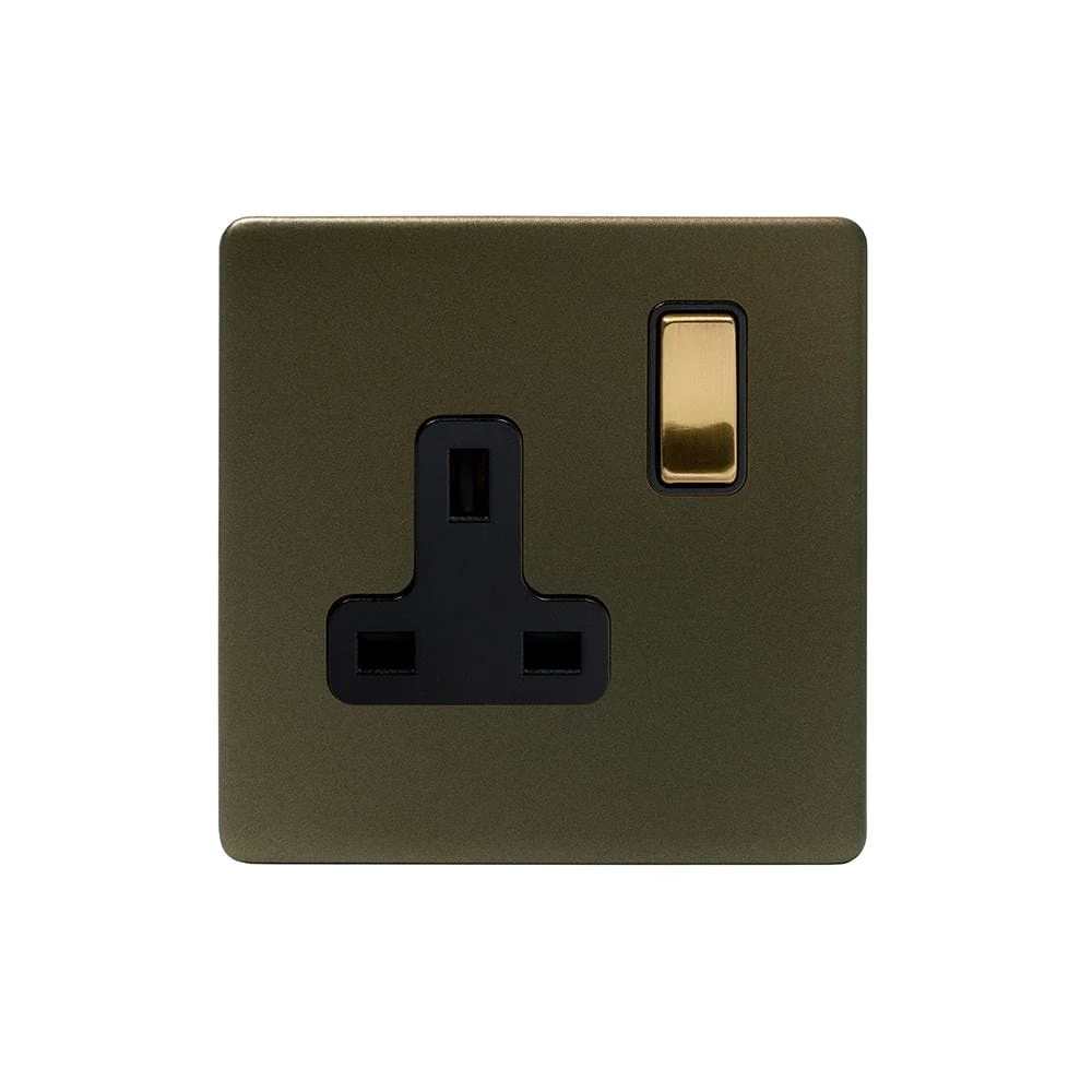 Screwless Fusion Bronze & Brushed Brass 13A 1 Gang Switched Plug Socket, Double Pole Black Trim