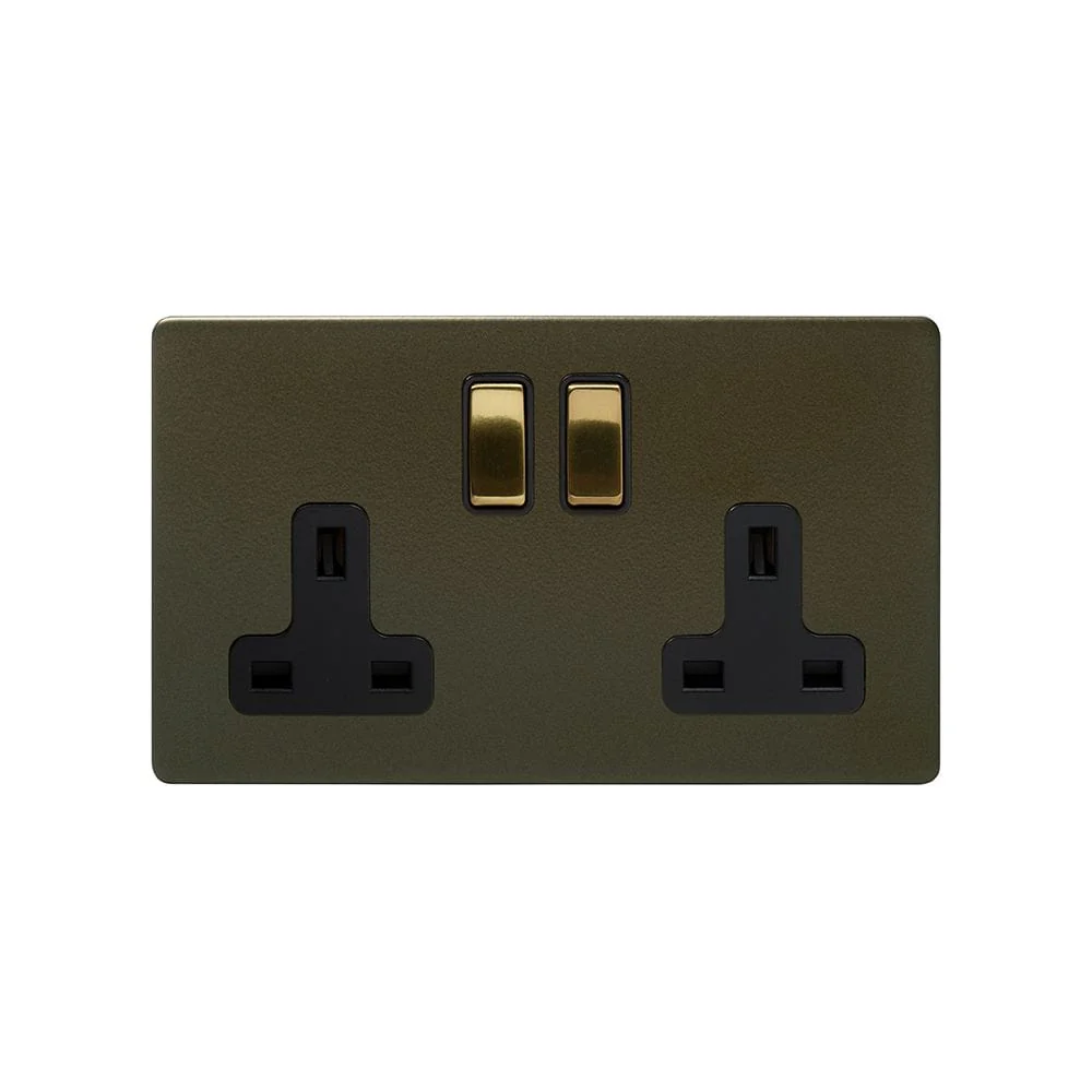 Screwless Fusion Bronze & Brushed Brass 13A 2 Gang Switched Plug Socket, Double Pole Black Trim