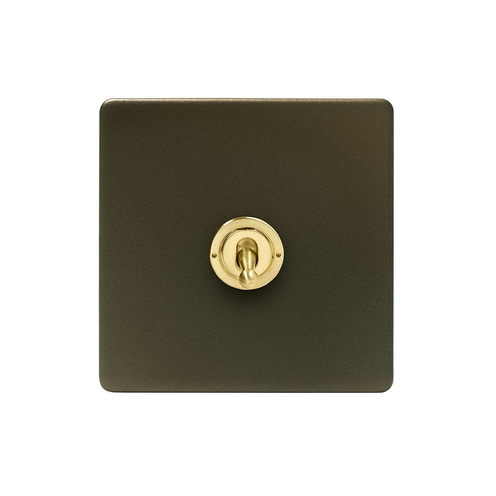 Screwless Fusion Bronze & Brushed Brass 20A 1 Gang Intermediate Toggle Light Switch Black Trim