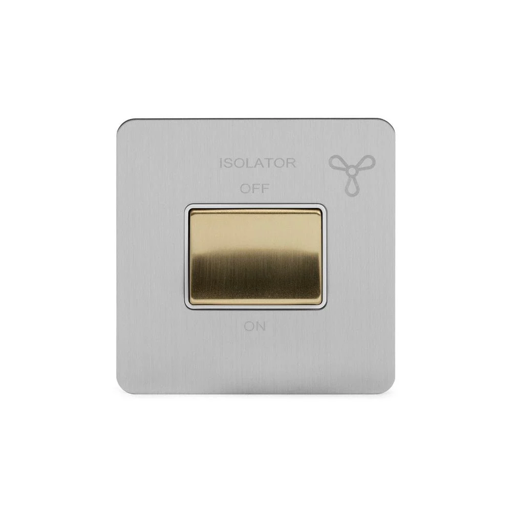 Screwless Fusion Brushed Chrome & Brushed Brass 10A 1 Gang 1 Way 3-Pole Fan Isolator White Trim