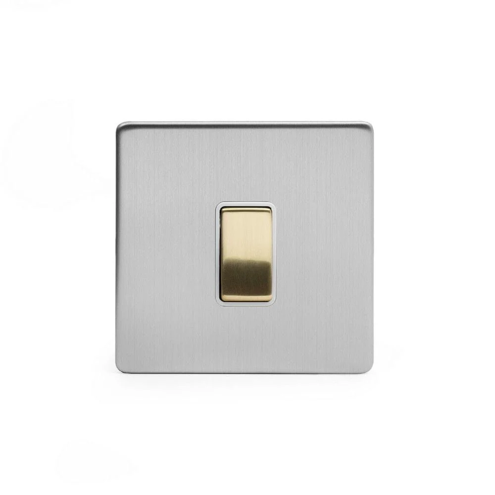 Screwless Fusion Brushed Chrome & Brushed Brass 10A 1 Gang 2 Way Light Switch White Trim
