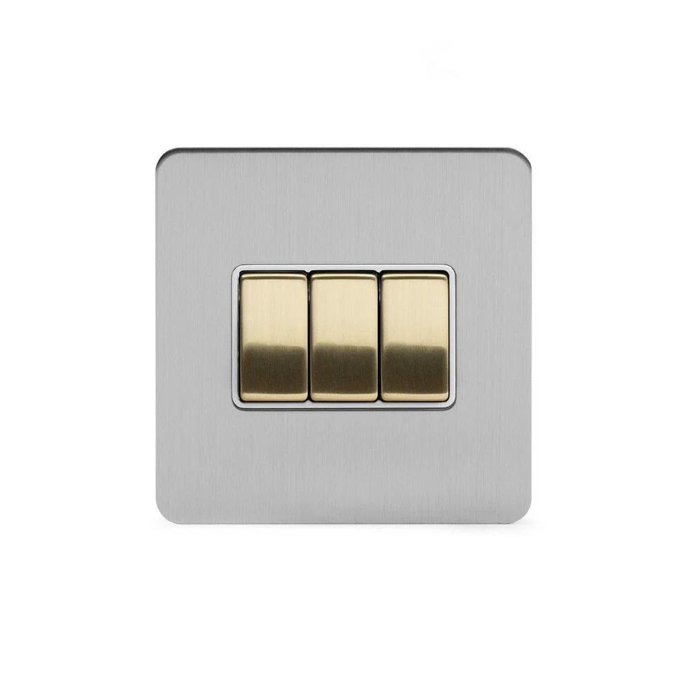 Screwless Fusion Brushed Chrome & Brushed Brass 10A 3 Gang 2 Way Light Switch White Trim