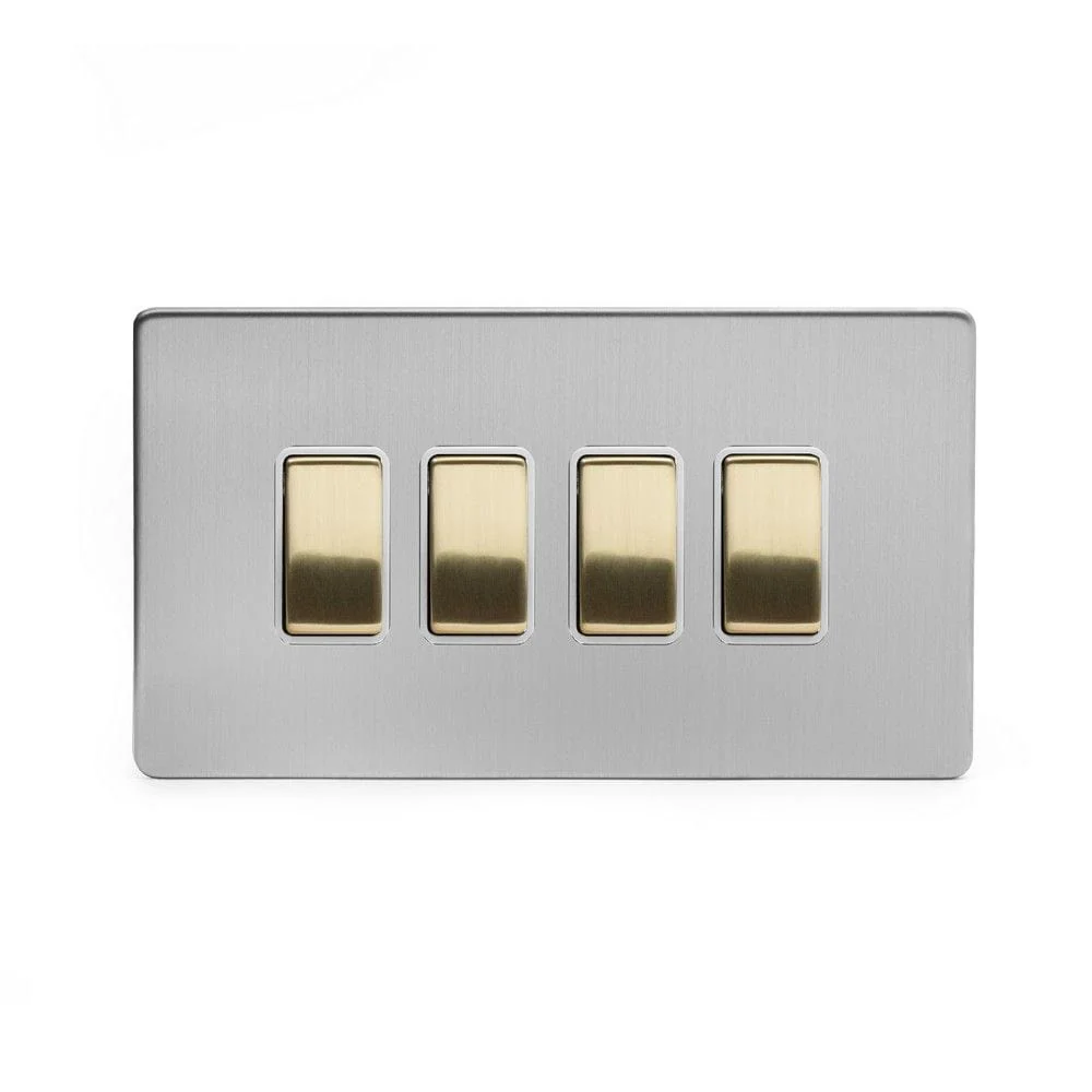 Screwless Fusion Brushed Chrome & Brushed Brass 10A 4 Gang 2 Way Light Switch White Trim