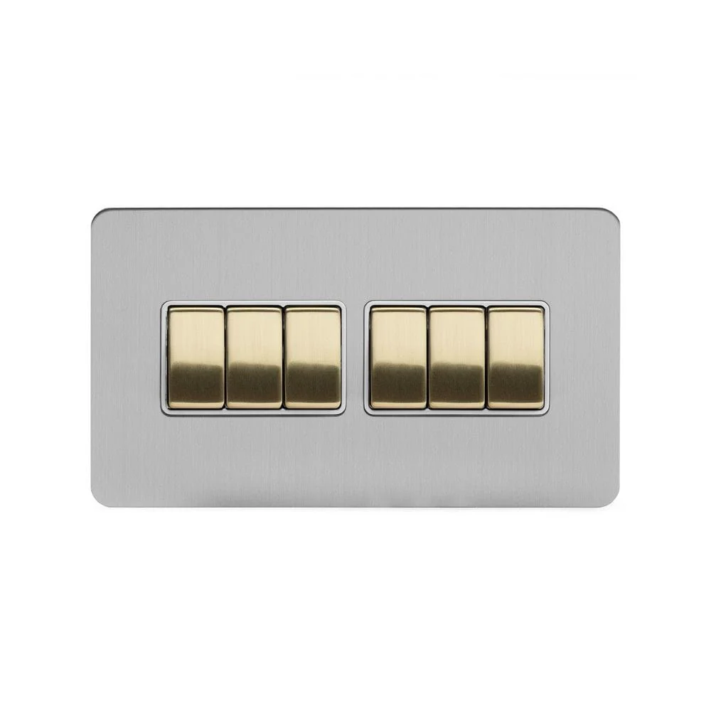 Screwless Fusion Brushed Chrome & Brushed Brass 10A 6 Gang 2 Way Light Switch White Trim