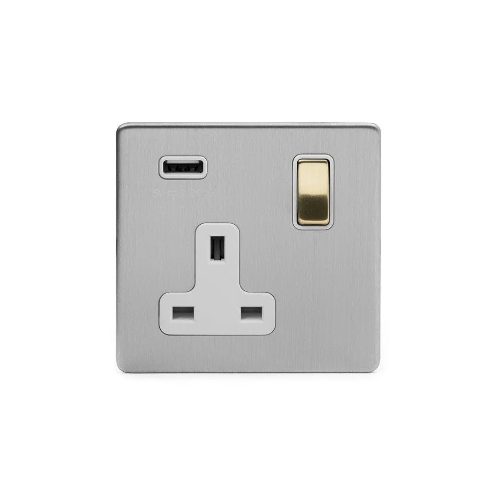Screwless Fusion Brushed Chrome & Brushed Brass 13A 1 Gang Double Pole USB Plug Socket (USB 2.1amp) White Trim