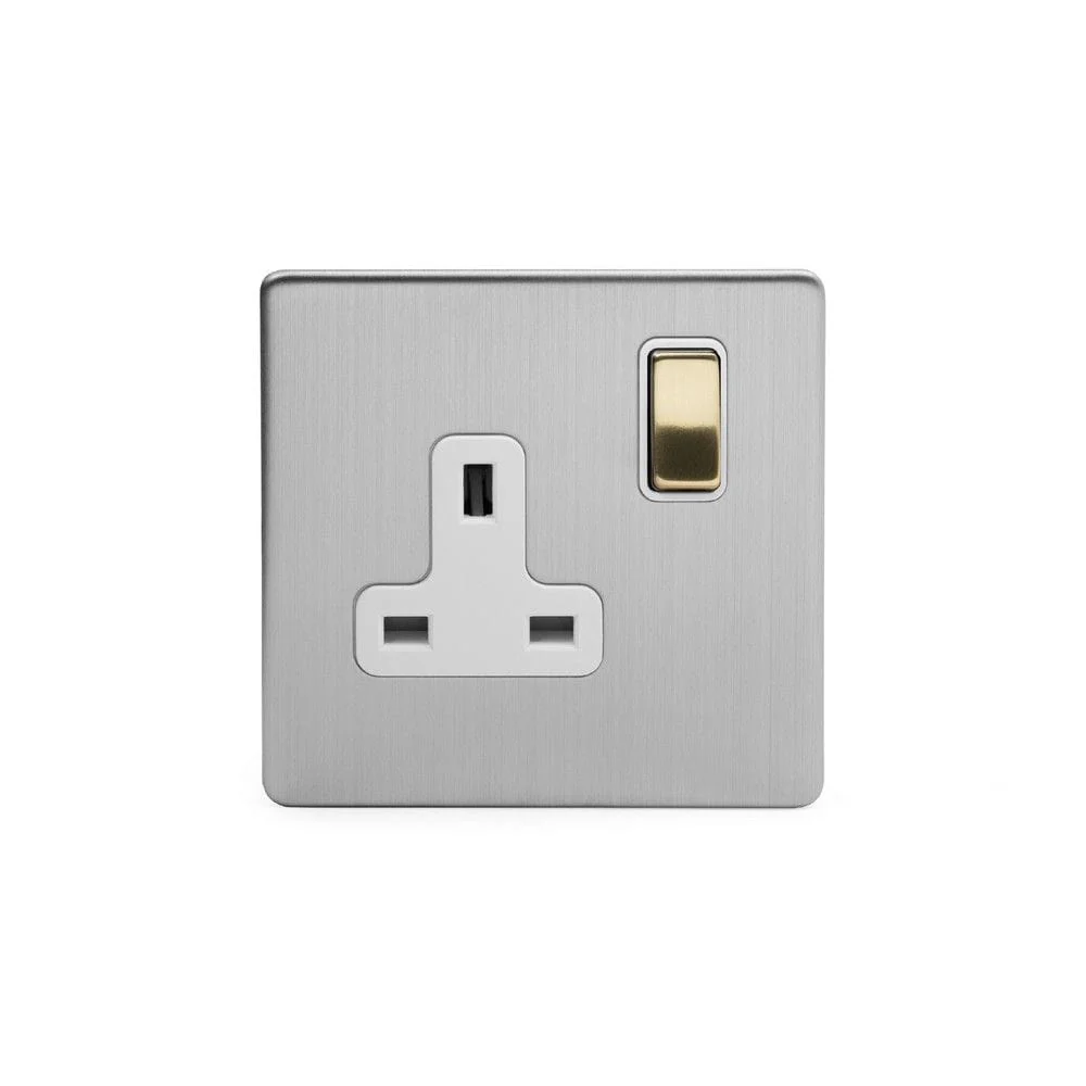 Screwless Fusion Brushed Chrome & Brushed Brass 13A 1 Gang Switched Plug Socket, Double Pole White Trim
